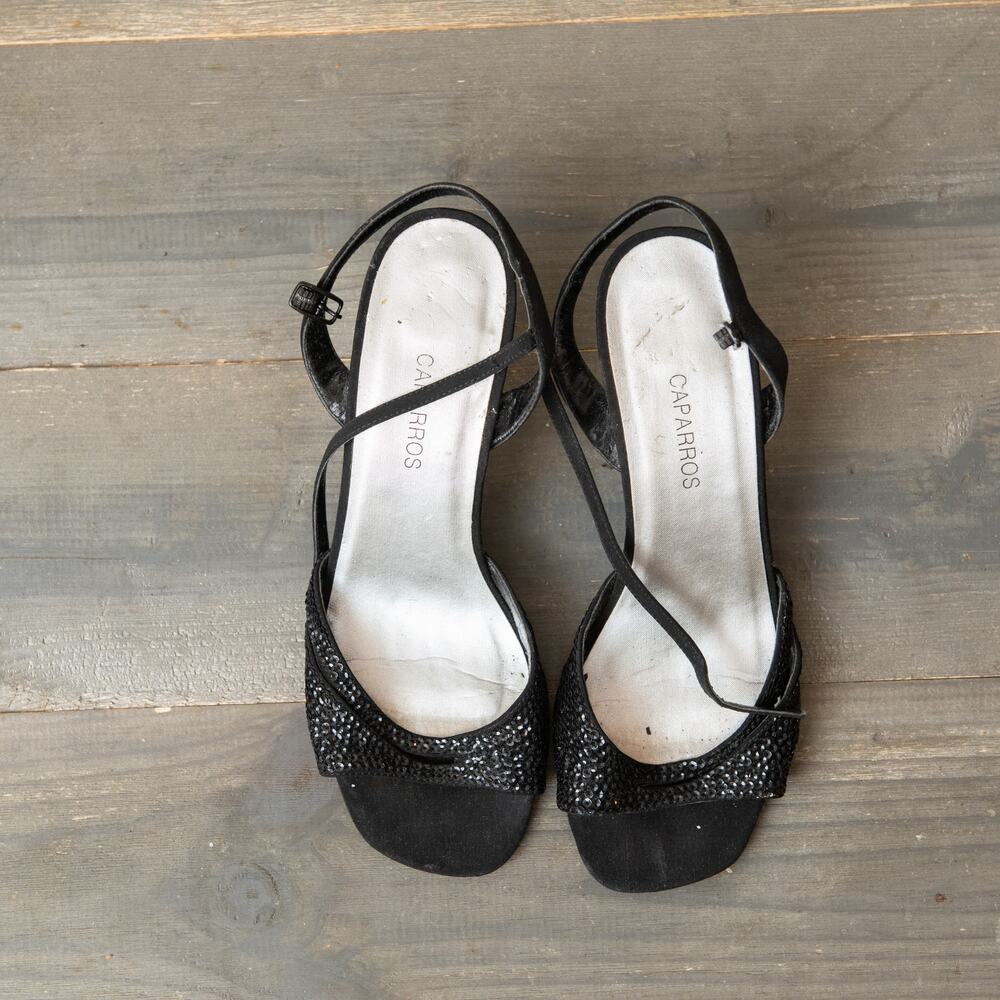 Caparro's Black Sequin Crystal Heels Sz 6.5B 3 inch Heel Open Toe